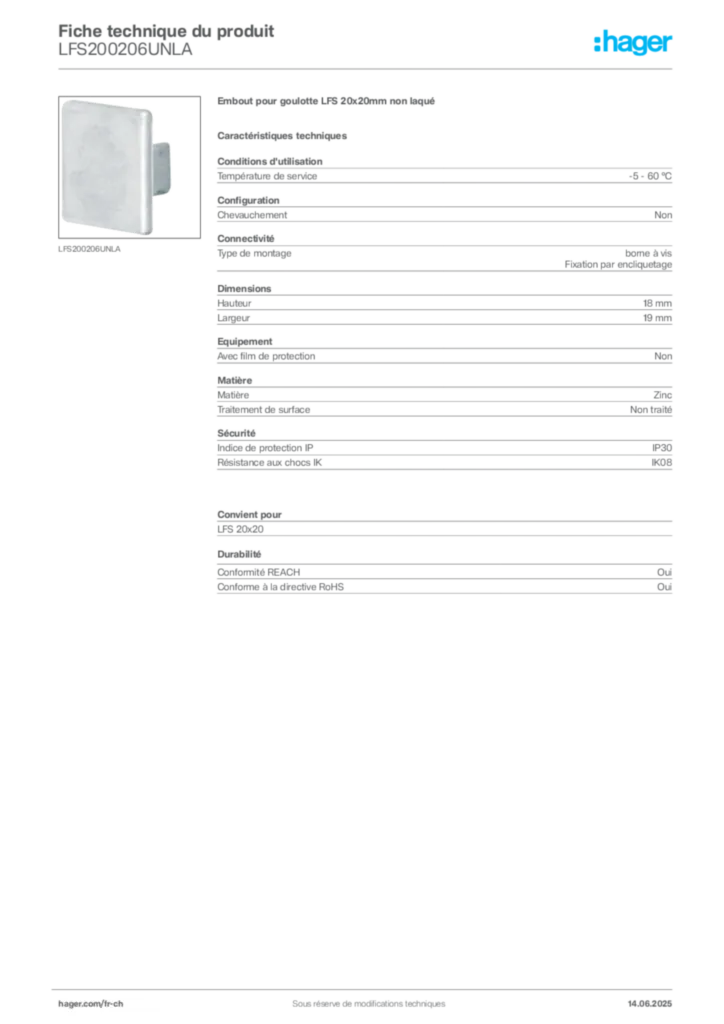 Image Hager Fiche technique du produit LFS200206UNLA | Hager Suisse