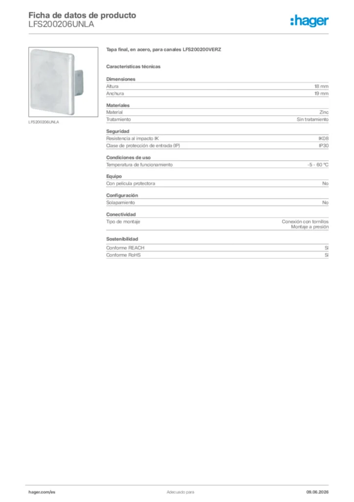 Imagen Hager Ficha de datos de producto LFS200206UNLA | Hager España