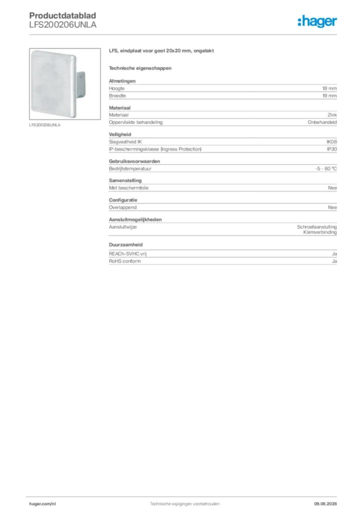 Afbeelding Hager Productdatablad LFS200206UNLA | Hager Nederland
