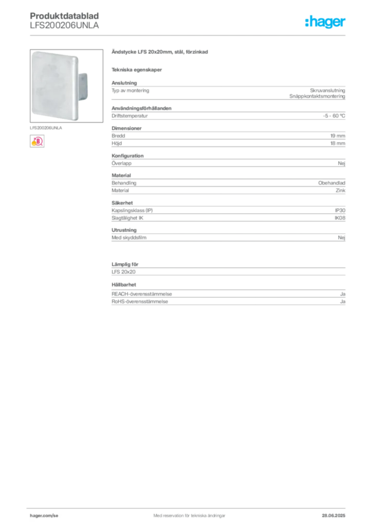 Bild Hager Produktdatablad LFS200206UNLA | Hager Sverige