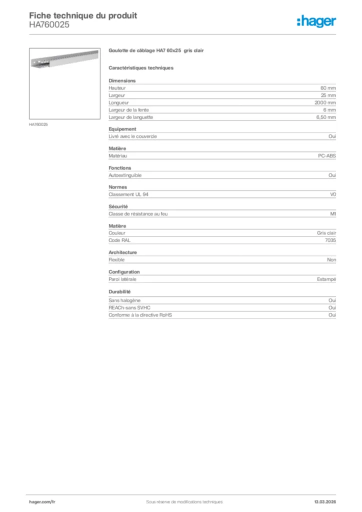 Image Hager Fiche technique du produit HA760025 | Hager France