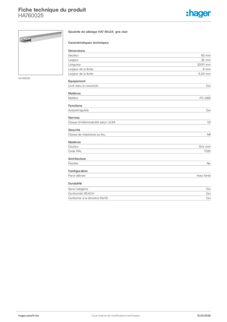 Image Hager Fiche technique du produit HA760025 | Hager Belgique