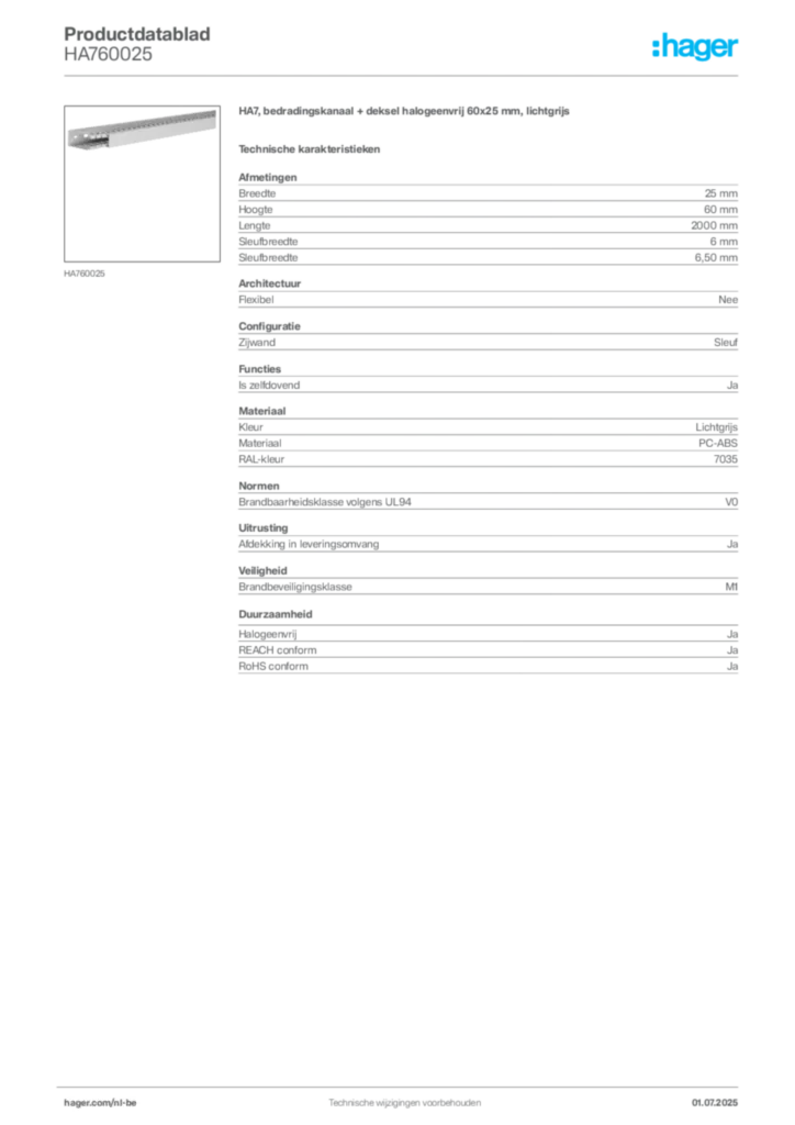 Afbeelding Hager Productdatablad HA760025 | Hager Belgium