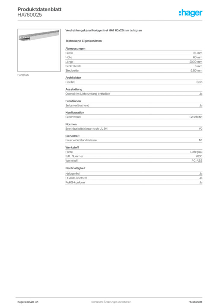 Bild Hager Produktdatenblatt HA760025 | Hager Schweiz