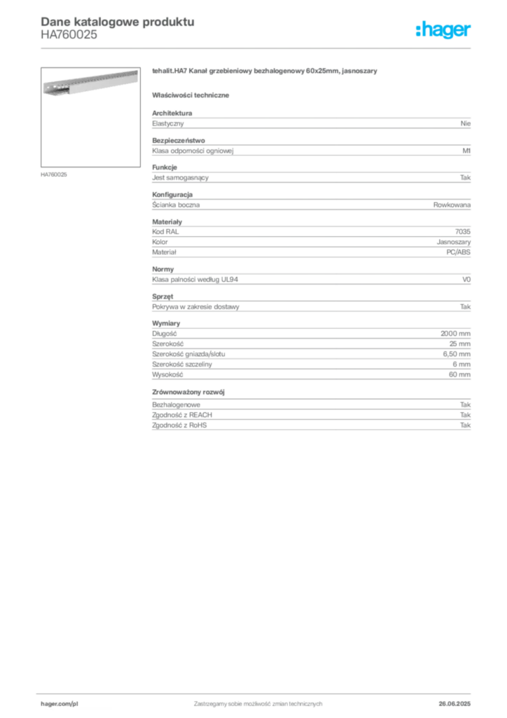 Zdjęcie Hager Karta katalogowa HA760025 | Hager Polska