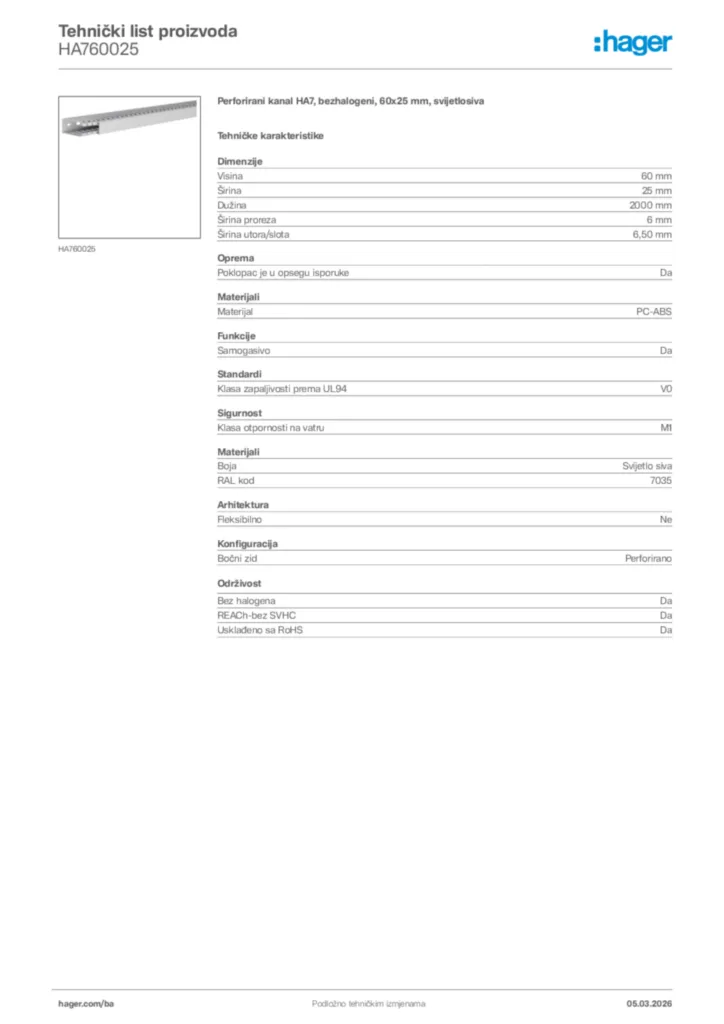 Slika Hager Tehnički list proizvoda HA760025  | Hager