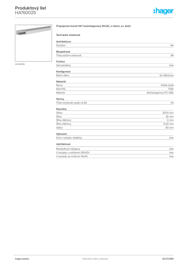 Obrázek Hager Produktový list HA760025 | Hager