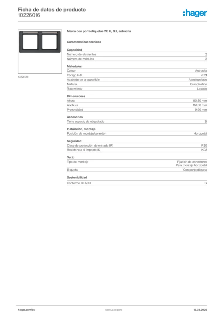 Imagen Hager Ficha de datos de producto 10226016 | Hager España