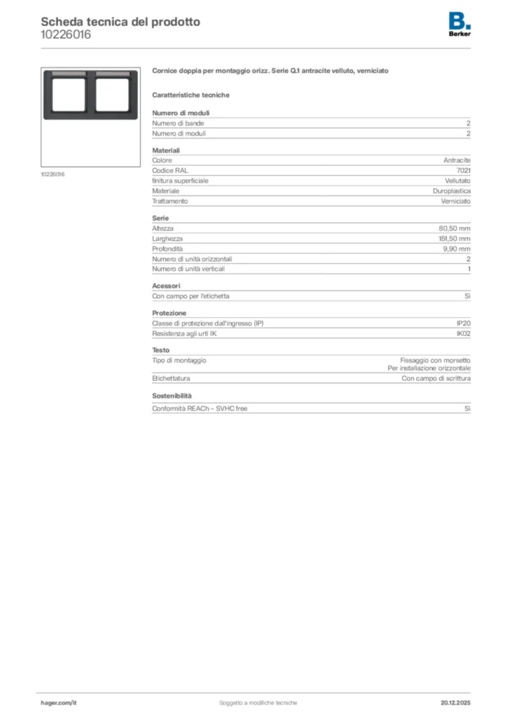 Immagine Berker Scheda tecnica del prodotto 10226016 | Hager Italia