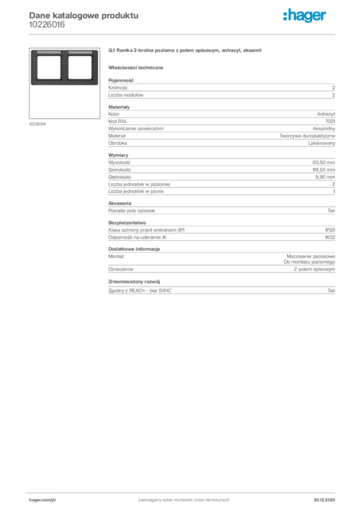 Zdjęcie Hager Karta katalogowa 10226016 | Hager Polska