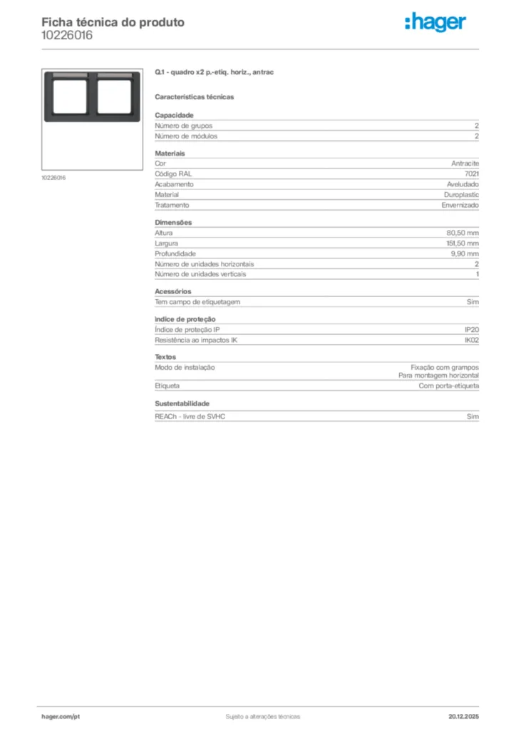 Imagem Hager Ficha técnica do produto 10226016 | Hager Portugal
