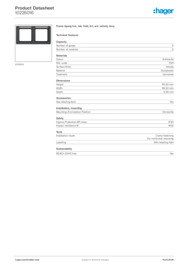 Image Hager Product data sheet 10226016  | Hager