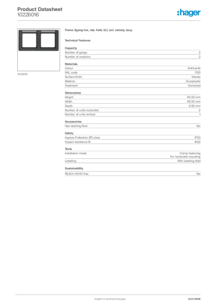 Image Hager Product data sheet 10226016  | Hager