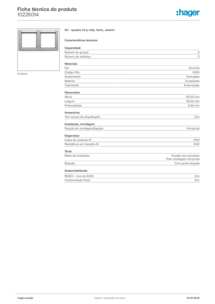 Imagem Hager Ficha técnica do produto 10226014 | Hager Portugal