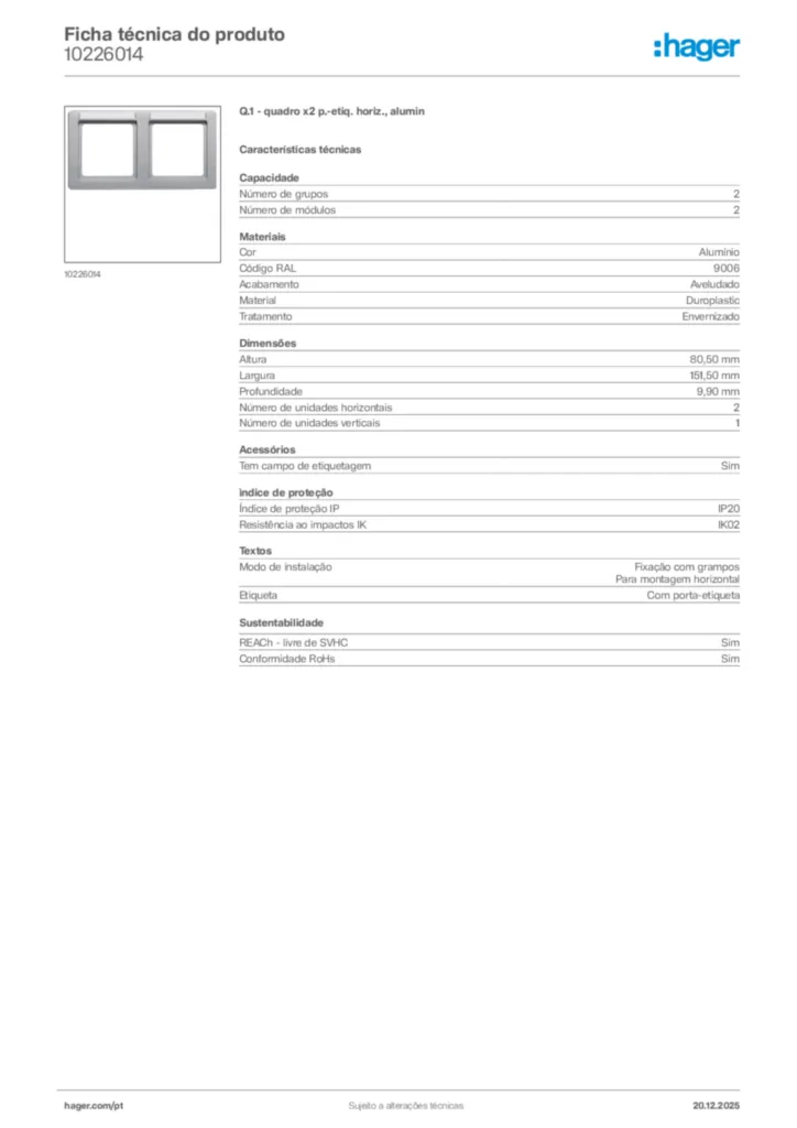 Imagem Hager Ficha técnica do produto 10226014 | Hager Portugal