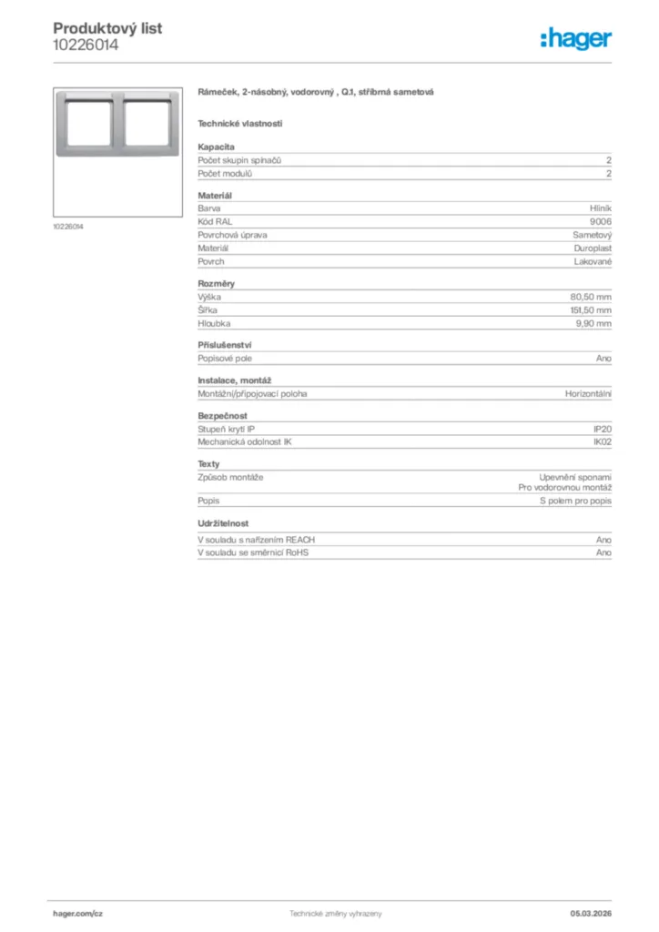 Obrázek Hager Product data sheet 10226014 | Hager