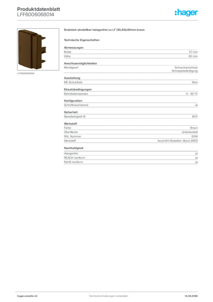 Bild Hager Produktdatenblatt LFF6006068014 | Hager Schweiz