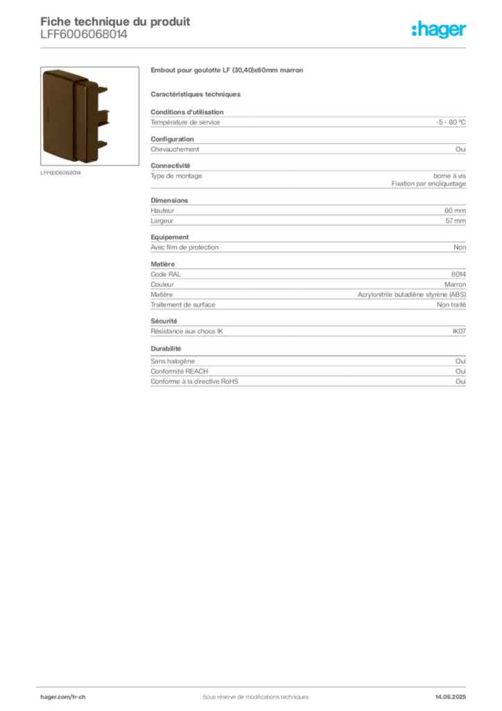 Image Hager Fiche technique du produit LFF6006068014 | Hager Suisse