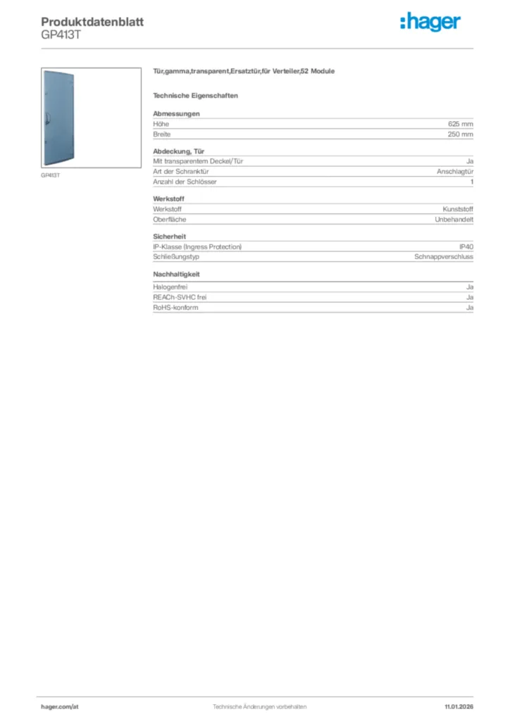 Bild Hager Produktdatenblatt GP413T | Hager Deutschland