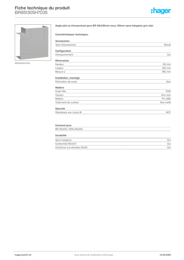 Image Hager Fiche technique du produit BR651305H7035 | Hager Suisse