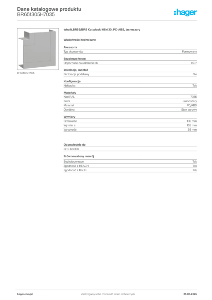 Zdjęcie Hager Karta katalogowa BR651305H7035 | Hager Polska