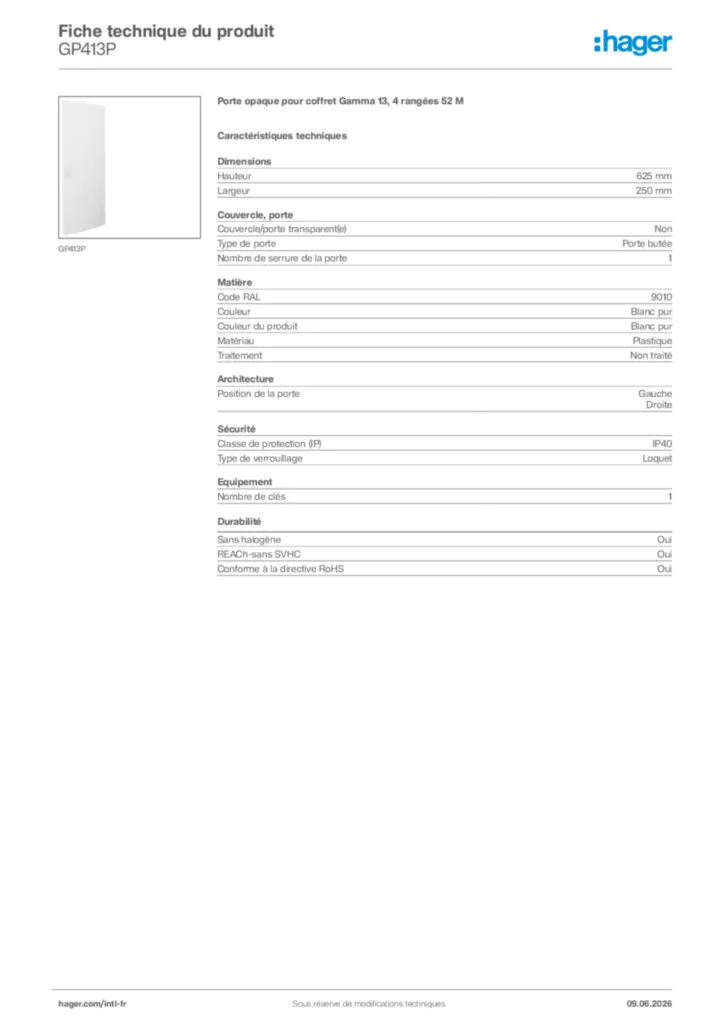 Image Hager Fiche technique du produit GP413P | Hager Afrique