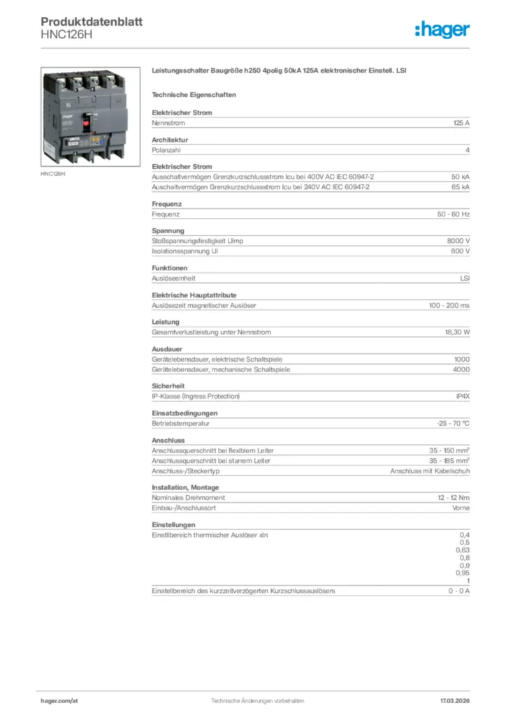 Bild Hager Produktdatenblatt HNC126H | Hager Deutschland