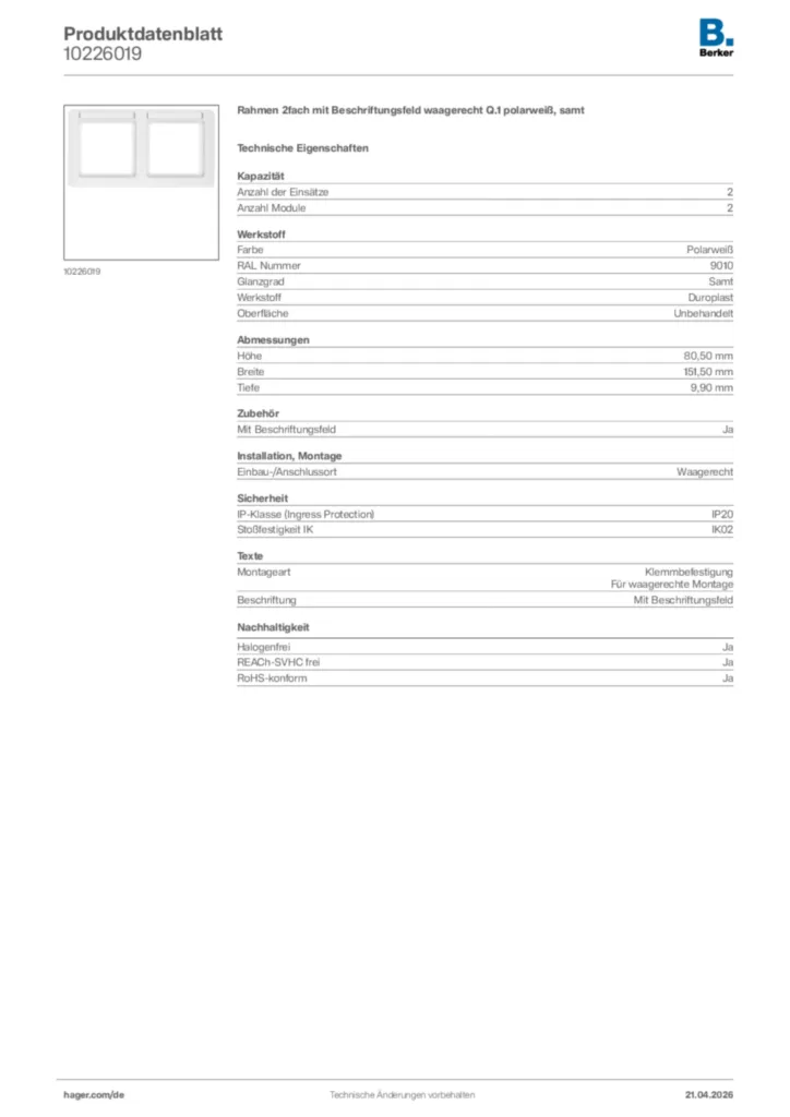 Bild Berker Produktdatenblatt 10226019 | Hager Deutschland
