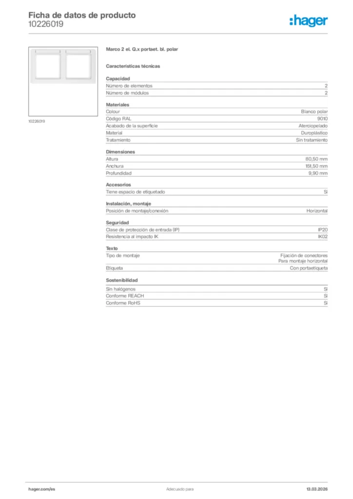 Imagen Hager Ficha de datos de producto 10226019 | Hager España