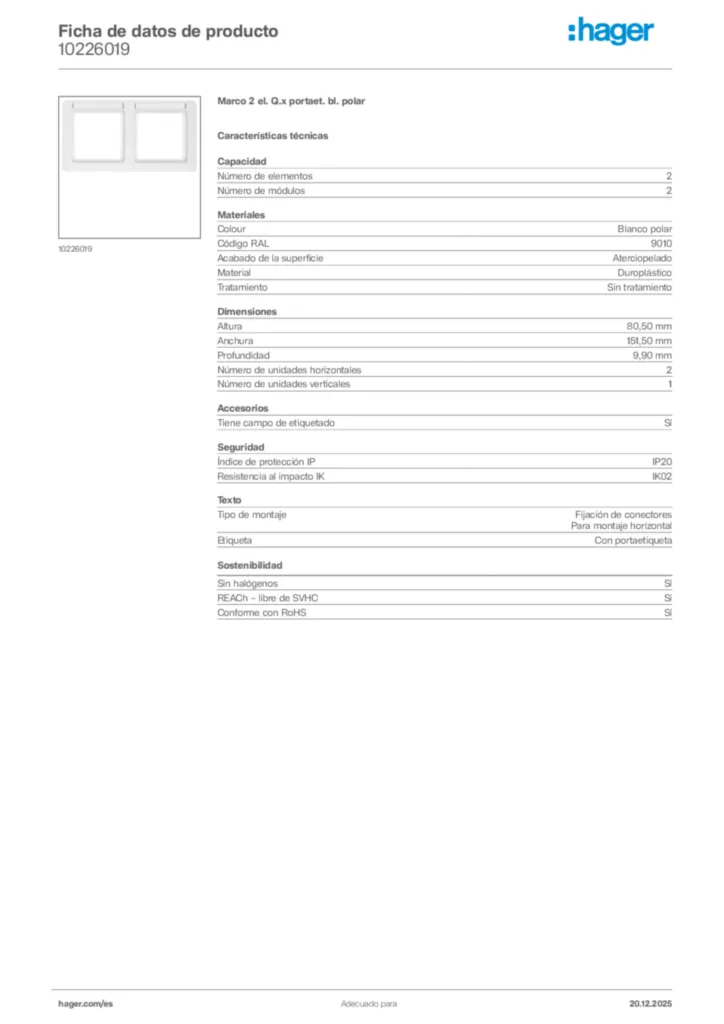 Imagen Hager Ficha de datos de producto 10226019 | Hager España