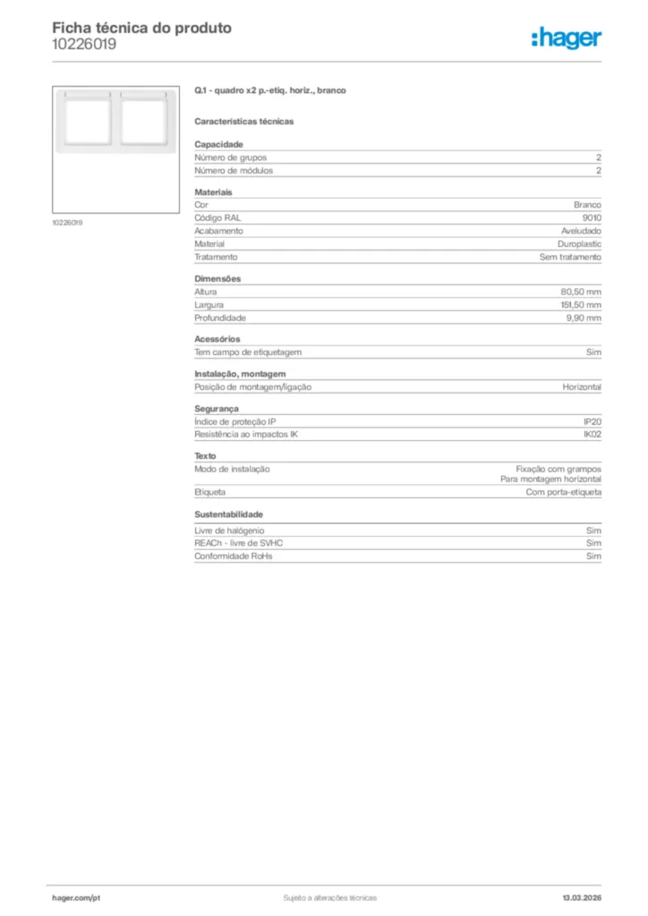 Imagem Hager Ficha técnica do produto 10226019 | Hager Portugal