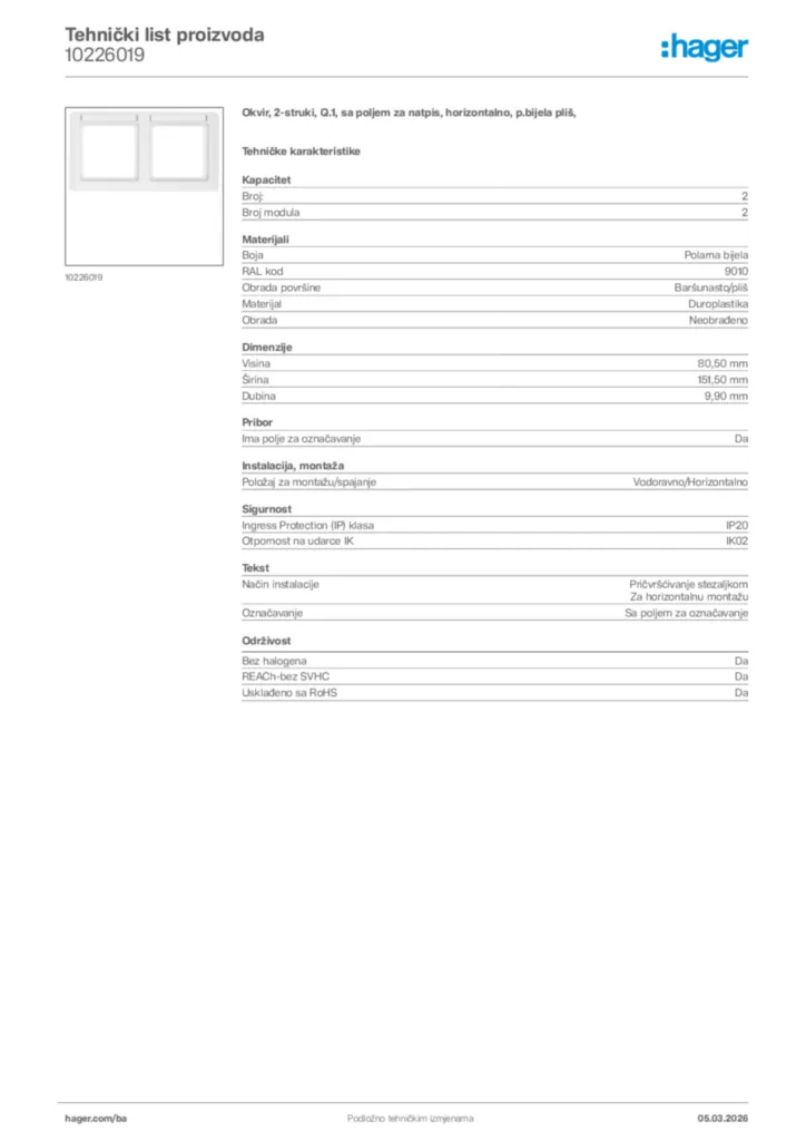 Slika Hager Tehnički list proizvoda 10226019  | Hager