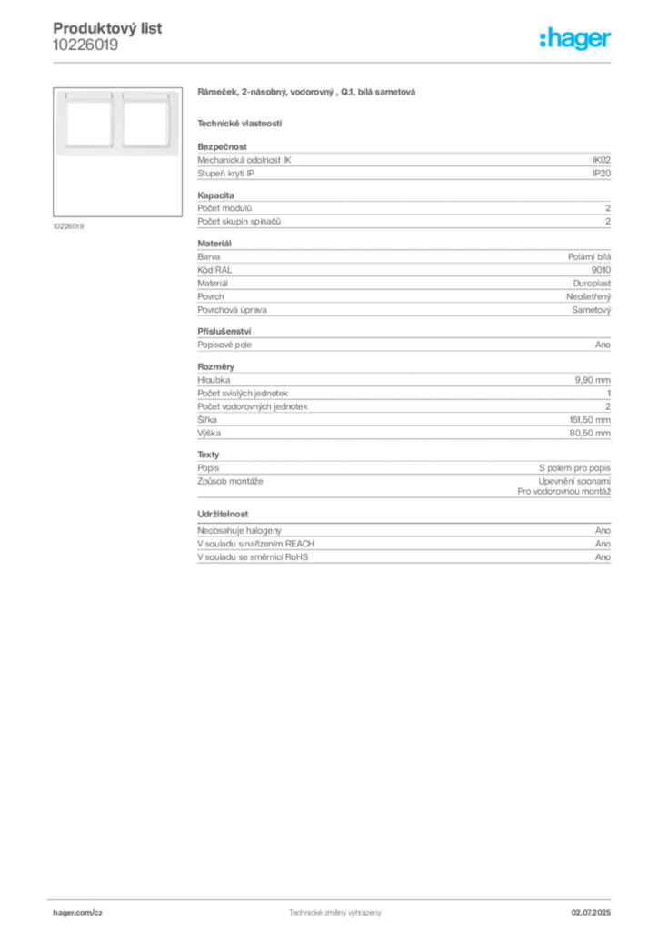 Obrázek Hager Produktový list 10226019 | Hager