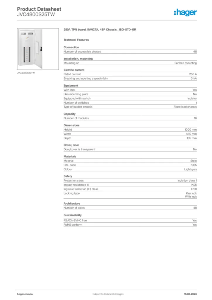 Image Hager Product data sheet JVC4800S25TW  | Hager Australia