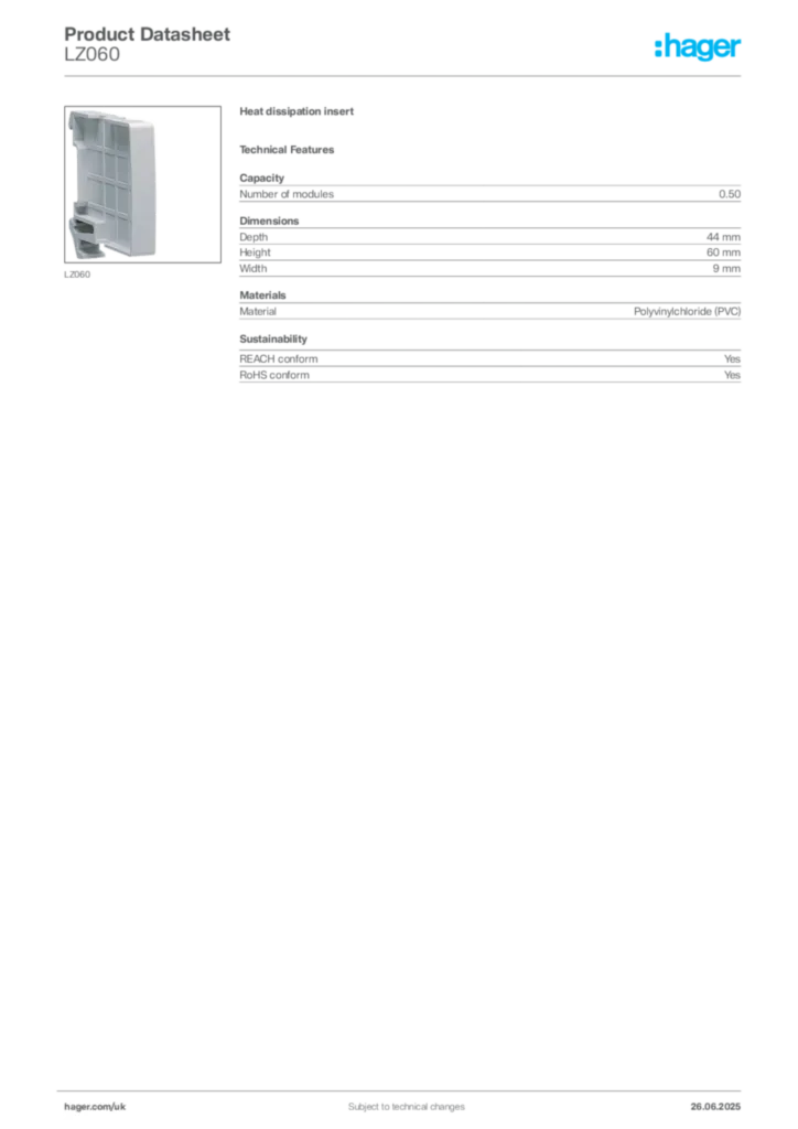 Image Hager Product data sheet LZ060  | Hager