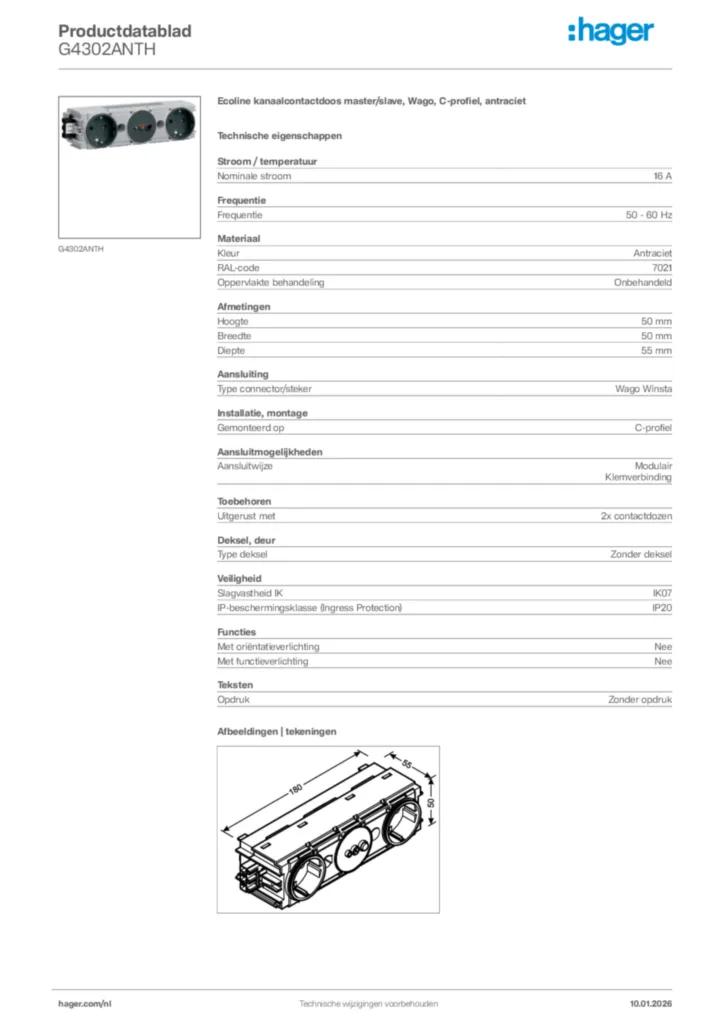Afbeelding Hager Productdatablad G4302ANTH | Hager Nederland
