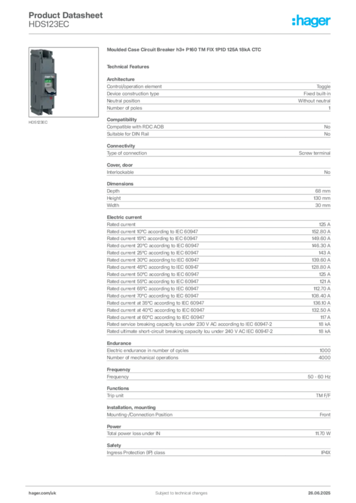 Image Hager Product data sheet HDS123EC  | Hager