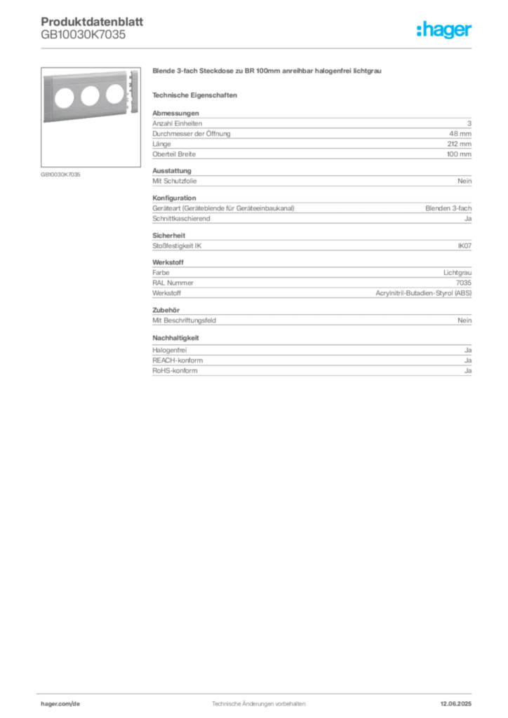 Bild Hager Produktdatenblatt GB10030K7035 | Hager Deutschland