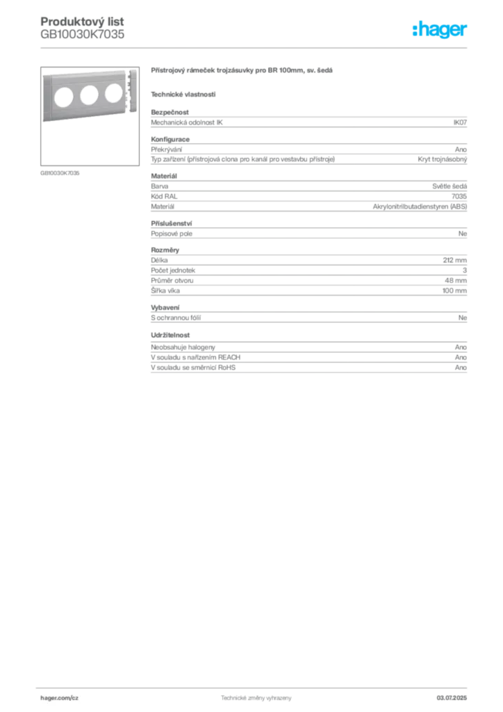 Obrázek Hager Produktový list GB10030K7035 | Hager