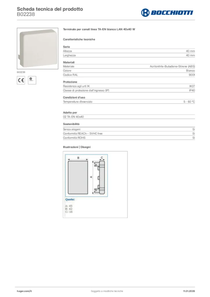 Immagine Bocchiotti Scheda tecnica del prodotto B02238 | Hager Italia