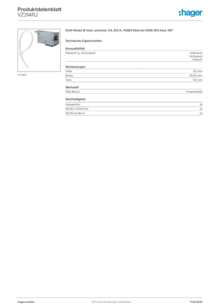 Bild Hager Produktdatenblatt VZ314RJ | Hager Deutschland