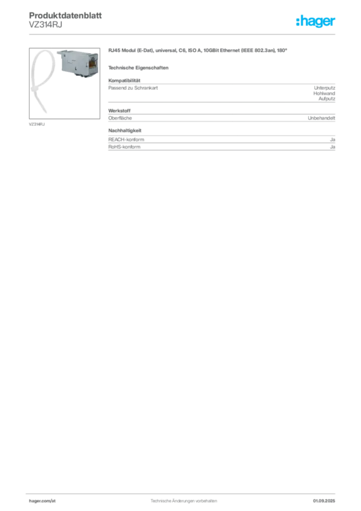 Bild Hager Produktdatenblatt VZ314RJ | Hager Deutschland