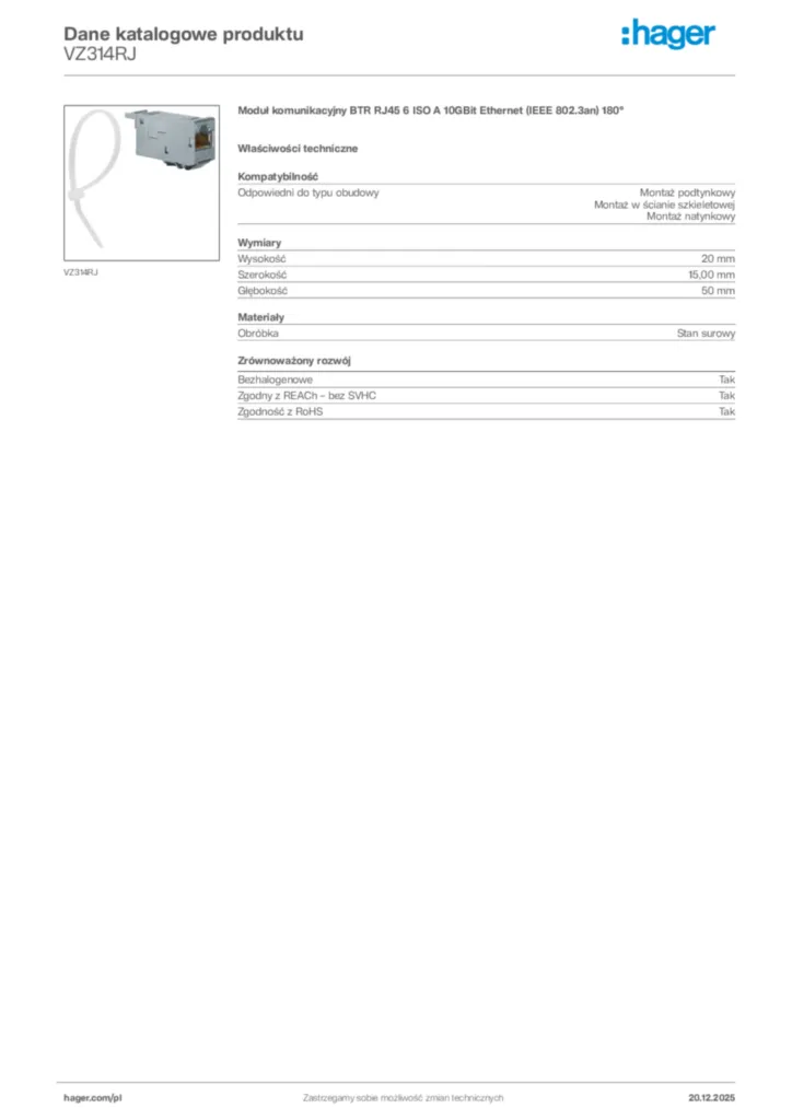 Zdjęcie Hager Karta katalogowa VZ314RJ | Hager Polska