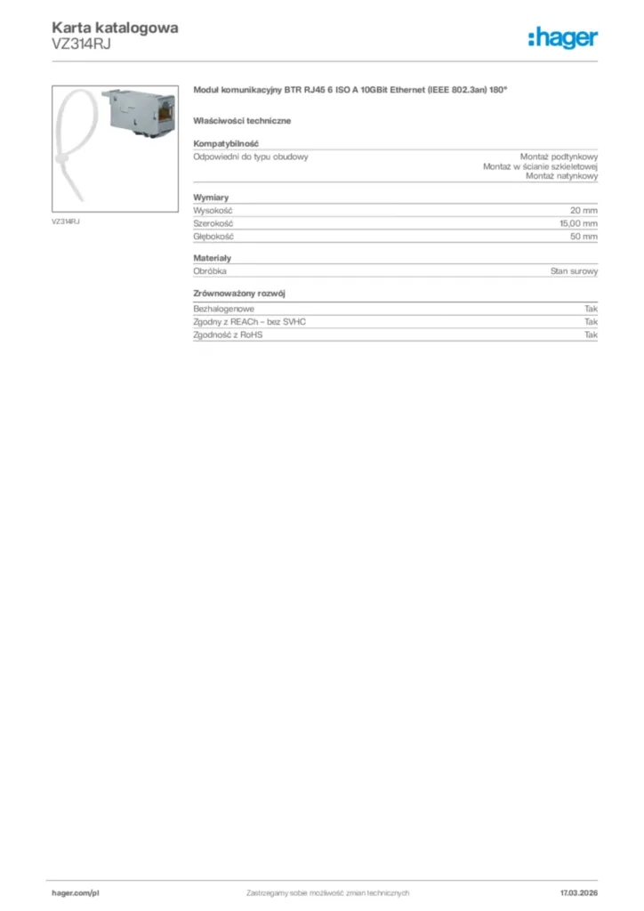 Zdjęcie Hager Karta katalogowa VZ314RJ | Hager Polska