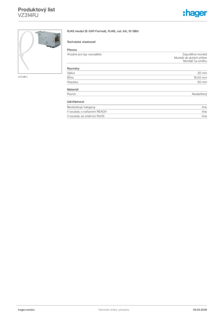 Obrázek Hager Product data sheet VZ314RJ | Hager