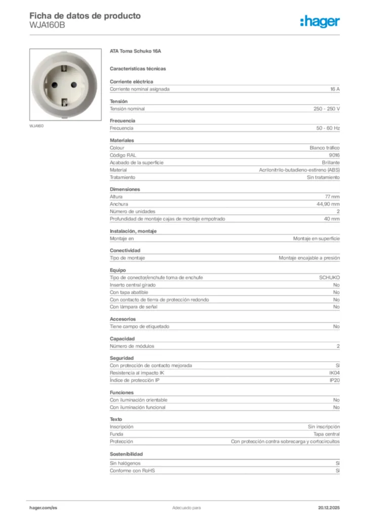 Imagen Hager Ficha de datos de producto WJA160B | Hager España