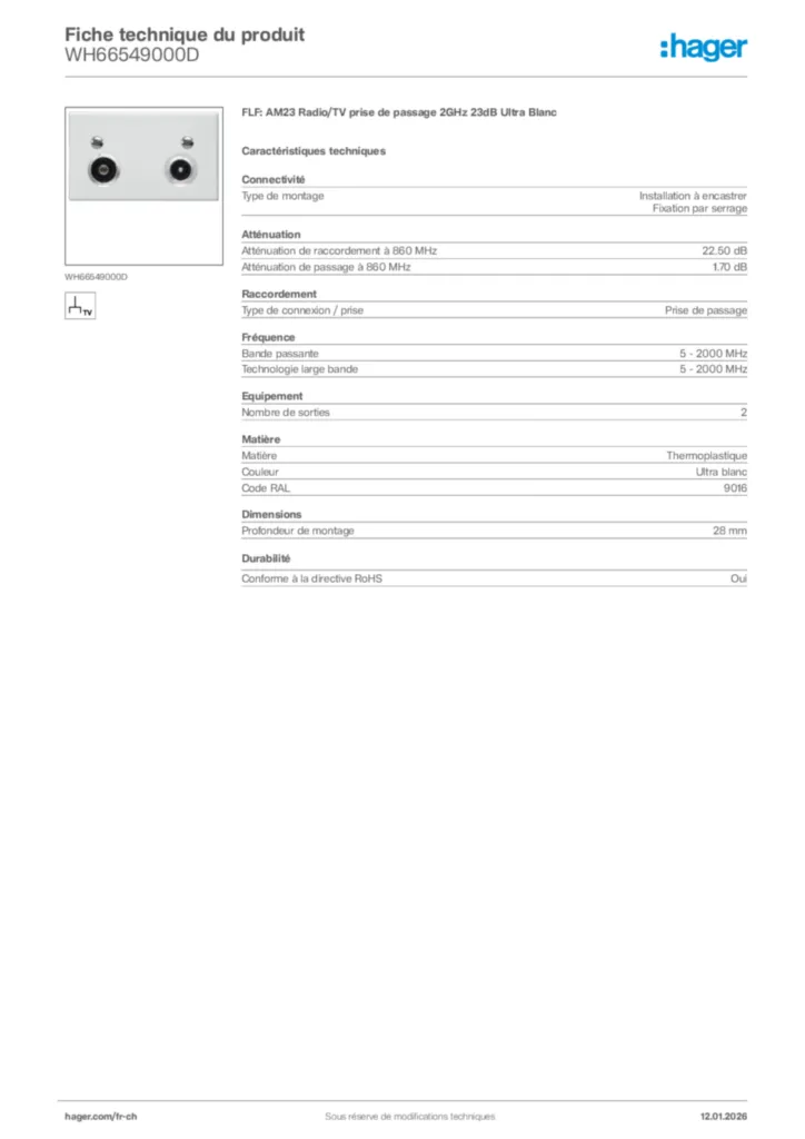 Image Hager Fiche technique du produit WH66549000D | Hager Suisse
