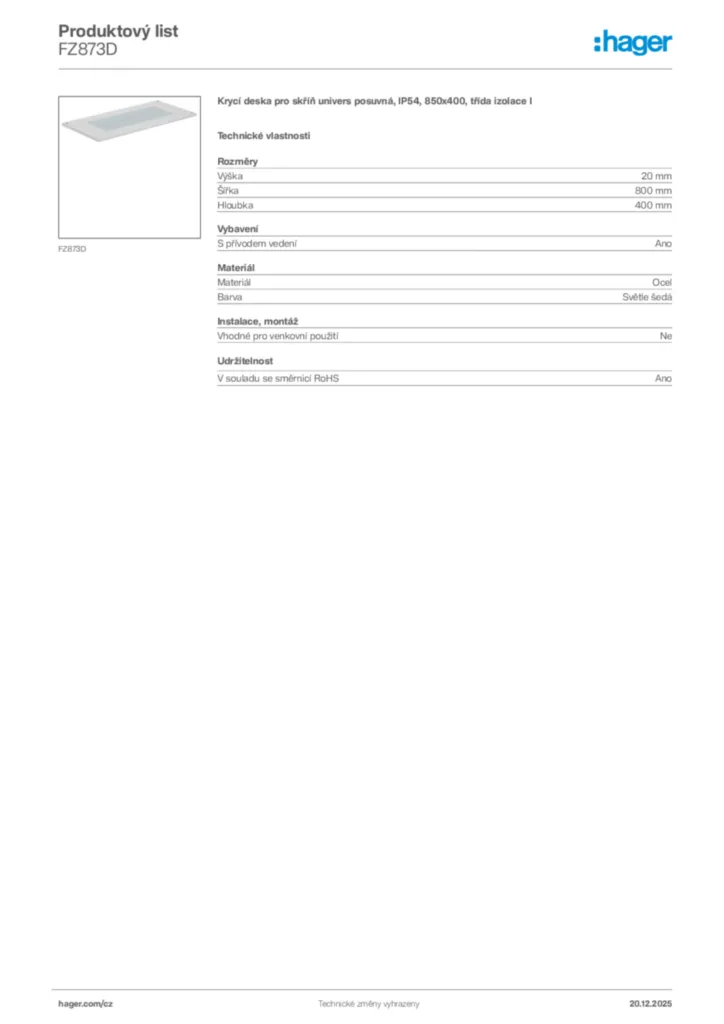 Obrázek Hager Produktový list FZ873D | Hager