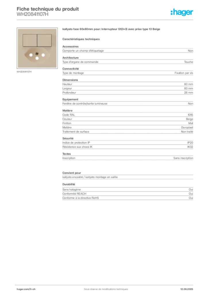 Image Hager Fiche technique du produit WH20841107H | Hager Suisse