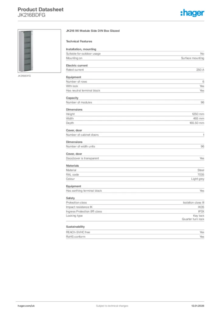 Image Hager Product data sheet JK216BDFG  | Hager